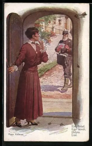 Künstler-AK Franz Kuderna: Eine Dame erwartet den Briefträger