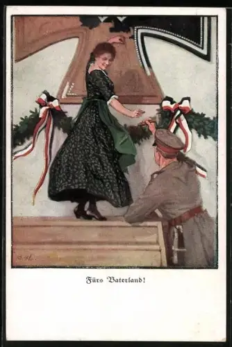 Künstler-AK Brynolf Wennerberg: Frau schlägt Nagel in grosses Eisernes Kreuz, Fürs Vaterland!