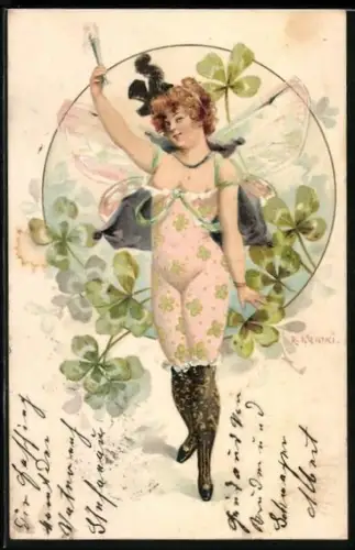 Künstler-AK R. Kratky: Als Fee verkleidete Frau zwischen Kleeblättern
