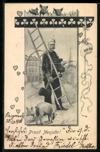 Künstler-AK Charles Scolik: Prosit Neujahr! Schornsteinfeger mit Ausrüstung und Schweinen