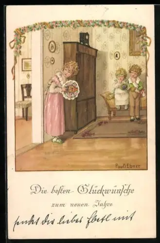 Künstler-AK Pauli Ebner: Kinder möchten mit Blumen das Geburtstagskind überraschen