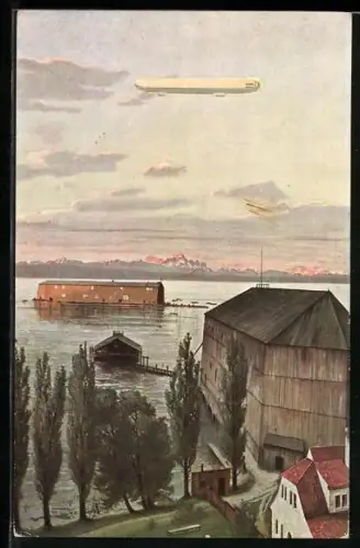 AK Zeppelin fliegt über einen See