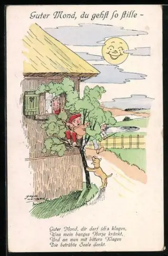 Künstler-AK Jack Number: Einbrecher auf einem Baum wird durch den Mond enttarnt, Gendarm ist schon unterwegs