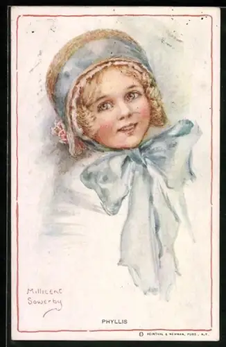 Künstler-AK Millicent Sowerby: Junges Mädchen mit blondem Haar und blauer Schleife um den Hals
