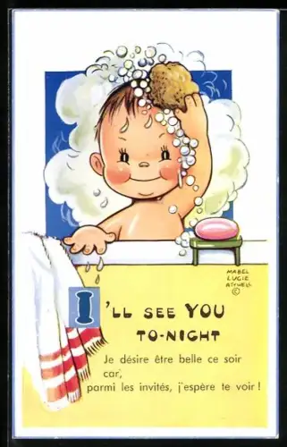 Künstler-AK Mabel Lucie Attwell: Kind wäscht sich besonders gründlich