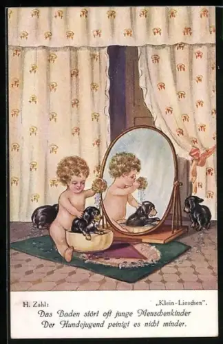 Künstler-AK H. Zahl: Kind wäscht einen kleinen Hund vor einem Spiegel