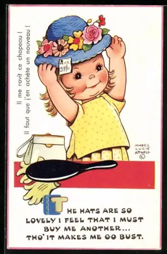 Künstler-AK Mabel Lucie Attwell: Blondes Mädchen probiert einen blauen Hut an
