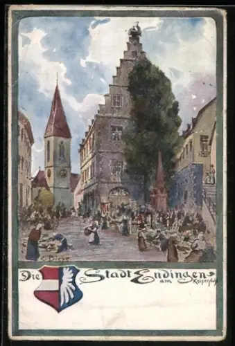 Künstler-AK Endingen am Kaiserstuhl, Marktplatz, Kirche, Rathaus
