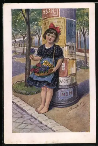 Künstler-AK Kränzle: Mädchen verkauft Blumen an der Litfasssäule