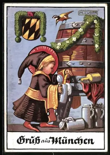Künstler-AK Max Luber: Münchner Kindl zapft sich ein neues Bier und wird von einem Vogel beobachtet