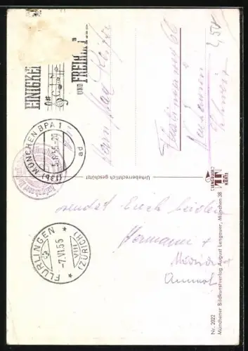 Künstler-AK Max Luber: Münchner Kindl zapft sich ein neues Bier und wird von einem Vogel beobachtet