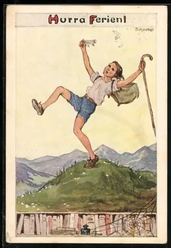 Künstler-AK Franziska Schenkel: Hurra Ferien!, Wanderndes Mädchen
