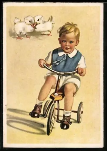 AK Kleiner Junge auf seinem Dreirad und zwei weisse Enten