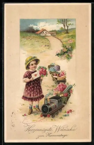 Präge-AK Mädchen mit einer Spielzeugeisenbahn, Glückwunsch zum Namenstag