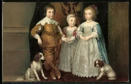 AK Kinder Karls I., Portrait mit Hunden
