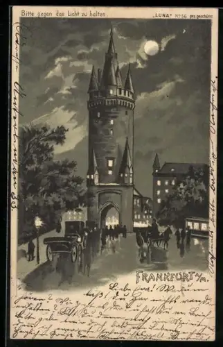 Lithographie Frankfurt a. M., Stadttor bei Nacht, Leuchtende Fenster, Halt gegen das Licht