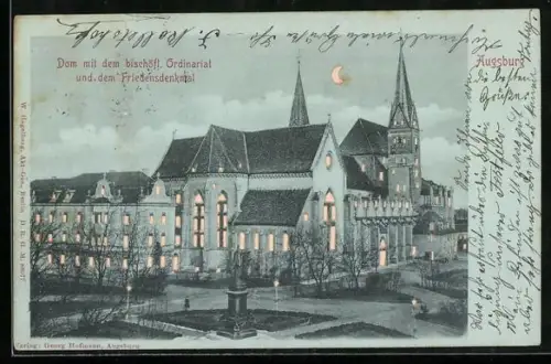 AK Augsburg, Dom mit dem bischöflichen Ordinariat und dem Friedensdenkmal, Halt gegen das Licht