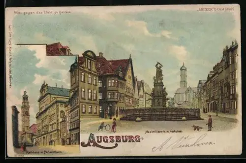 Lithographie Augsburg, Maximilianstrasse mit Herkules, Rathaus mit Perlachturm, Leuchtender Mond bei Halt gegen das Licht