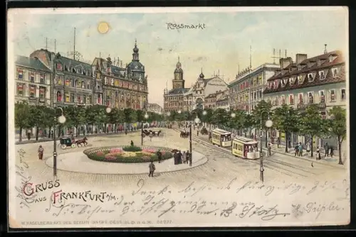 Lithographie Frankfurt a. M., Rossmarkt mit Strassenbahnen, Leuchtende Fenster bei Halt gegen das Licht