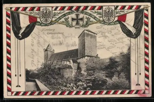 AK Nürnberg, Kaiserstallung, Wappen und Fahnen, Passepartout
