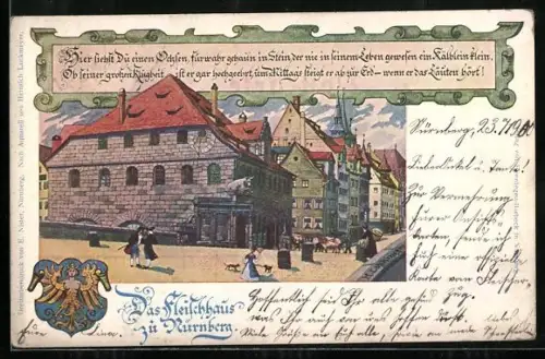 Künstler-AK Nürnberg, Deutscher Fleischertag 1900, Fleischhaus, Wappen