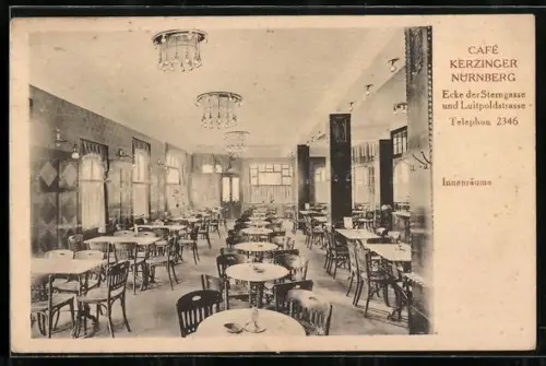 AK Nürnberg, Cafe Kerzinger, Ecke der Sternengasse und Luitpoldstrasse, Innenräume
