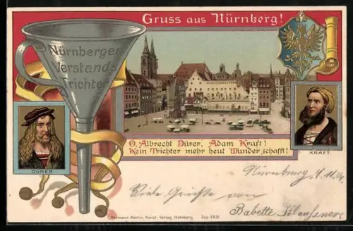 AK Nürnberg, Marktplatz, Nürnberger Trichter mit Dürer-Porträt und Kraft-Porträt