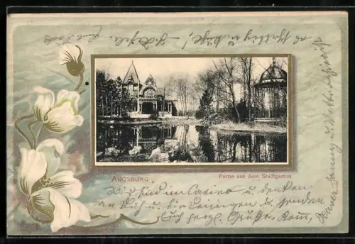 Lithographie Augsburg, Partie aus dem Stadtgarten, Weisse Blumen, Passepartout