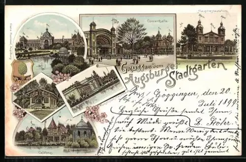 Lithographie Augsburg, Concerthalle, Hauptrestauration, Kunsthistorisches Gebäude, Caféhaus, Forsthaus, Stadtgarten