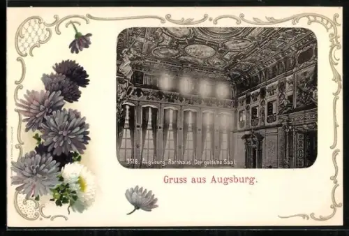 Lithographie Augsburg, Rathaus, Goldener Saal, Innenansicht, Crysanthemen, Passepartout
