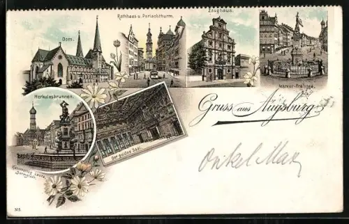 Lithographie Augsburg, Zeughaus, Rathaus und Perlachturm, Herkulesbrunnen