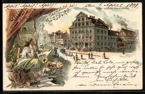 Lithographie Augsburg, Städtische höhere Kunstschule, Frau an der Staffelei