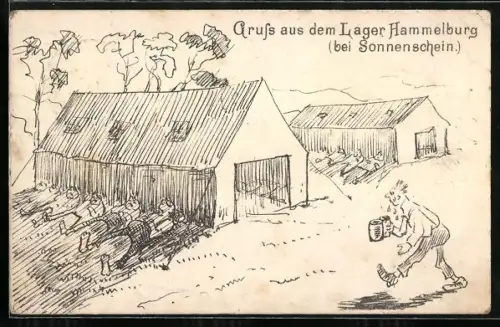 Künstler-AK Hammelburg bei Sonnenschein, Ortspartie und Mann mit Bierkrügen