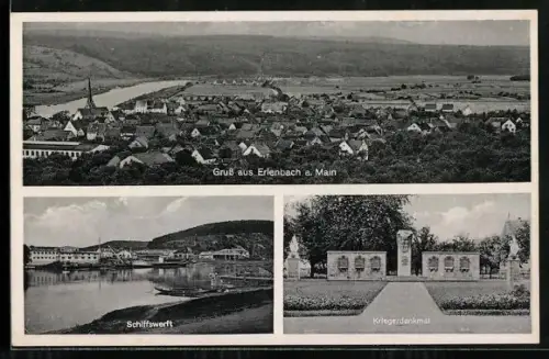 AK Erlenbach / Main, Schiffswerft, Kriegerdenkmal, Ortsansicht
