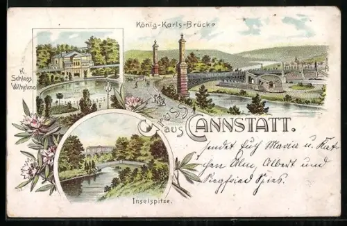 Lithographie Cannstatt, Königs-Karls-Brücke, K. Schloss Wilhelma, Inselspitze