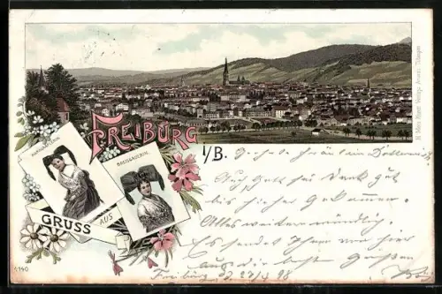 Lithographie Freiburg i. B., Gesamtansicht, Markgräflerin, Breisgauerin