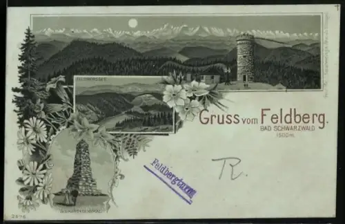 Mondschein-Lithographie Feldberg / Schwarzwald, Panorama mit Feldbergturm, Feldbergsee, Bismarckdenkmal