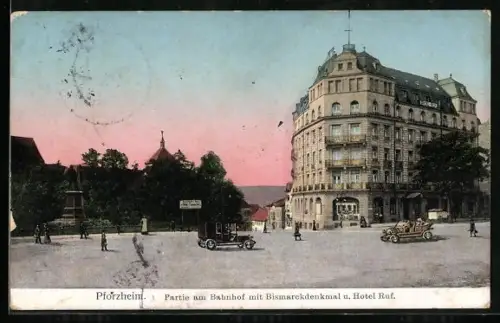 AK Pforzheim, Partie am Bahnhof mit Bismarckdenkmal u. Hotel Ruf