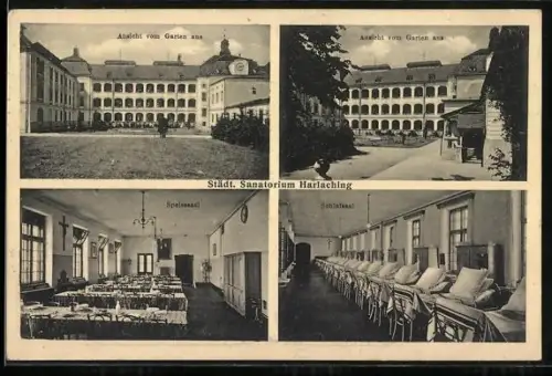 AK München-Harlaching, Städt. Sanatorium Harlaching, Ansicht vom Garten aus, Speisesaal