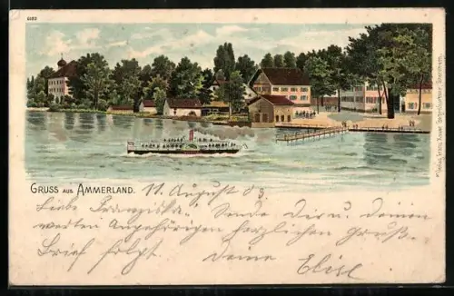 Lithographie Ammerland, Ortsansicht vom Ufer aus, Dampfer