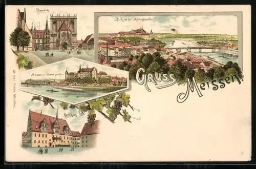 Lithographie Meissen, Teilansicht von Westen, Domplatz, Rathaus