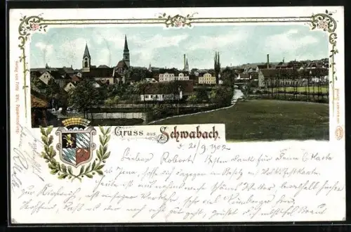 Lithographie Schwabach, Teilansicht mit Kirche, Wappen