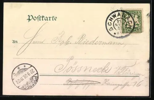 Lithographie Schwabach, Teilansicht mit Kirche, Wappen