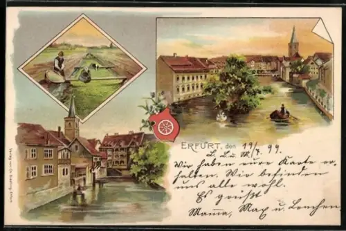 Lithographie Erfurt, Teilansicht, Kanal, Ortspartie