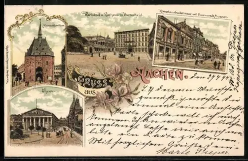 Lithographie Aachen, Karlsbad und Kurhaus in Burtscheid, Komphausbadstrasse mit Suermondt-Museum, Marschiertor