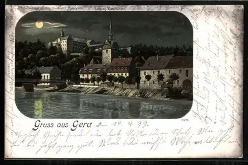 Lithographie Gera, Uferpartie mit Schloss bei Mondschein