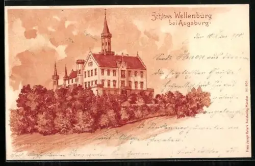 Lithographie Augsburg, Schloss Wellenburg, Gebäudeansicht
