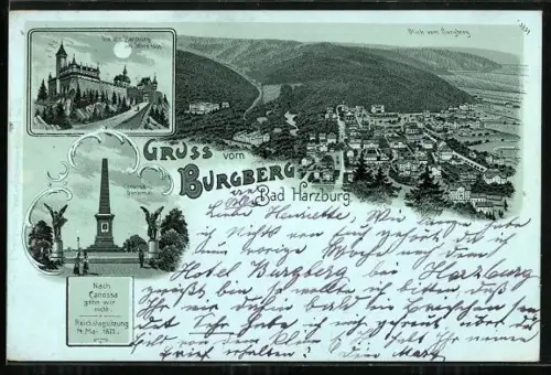 Mondschein-Lithographie Bad Harzburg, Blick vom Burgberg auf den Ort, Alte Harzburg, Canossa-Denkmal