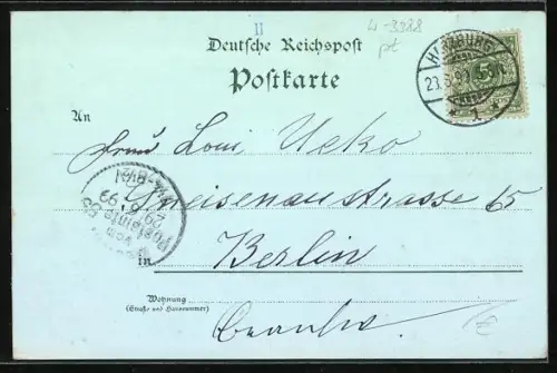 Mondschein-Lithographie Bad Harzburg, Blick vom Burgberg auf den Ort, Alte Harzburg, Canossa-Denkmal