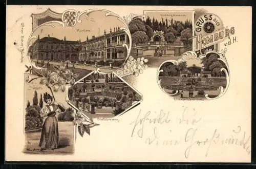 Lithographie Homburg v. d. H., Kurhaus, Ludwigsbrunnen, Stahlbrunnen